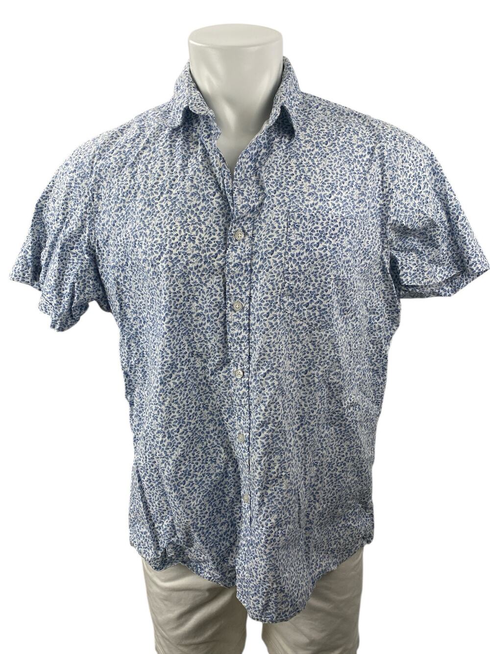 APT.9 Men's Blue Leaf Print Shot Sleeve Casual Button Down Camp Shirt Top Size L